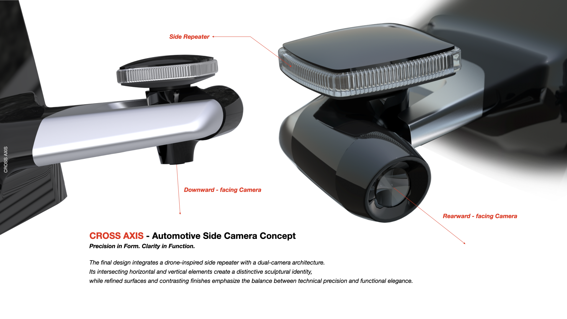 CROSS AXIS — final render with camera and side repeater details